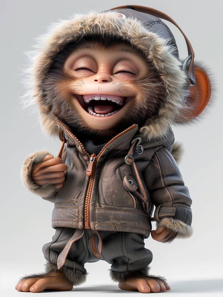 3D cartoon Happy Baby Monkey, wearing a cute Pixar style jacket and pants, personified, laughing happily, cute, with exaggerated expressions, matte treatment, multi angle studio portrait shooting, popular character design on ArtStation, highlighting the focus on a pure white background.