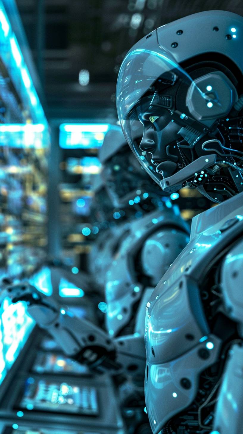 A high-tech laboratory filled with glowing screens and robotic arms, where scientists in sleek silver suits conduct experiments on advanced artificial intelligence.