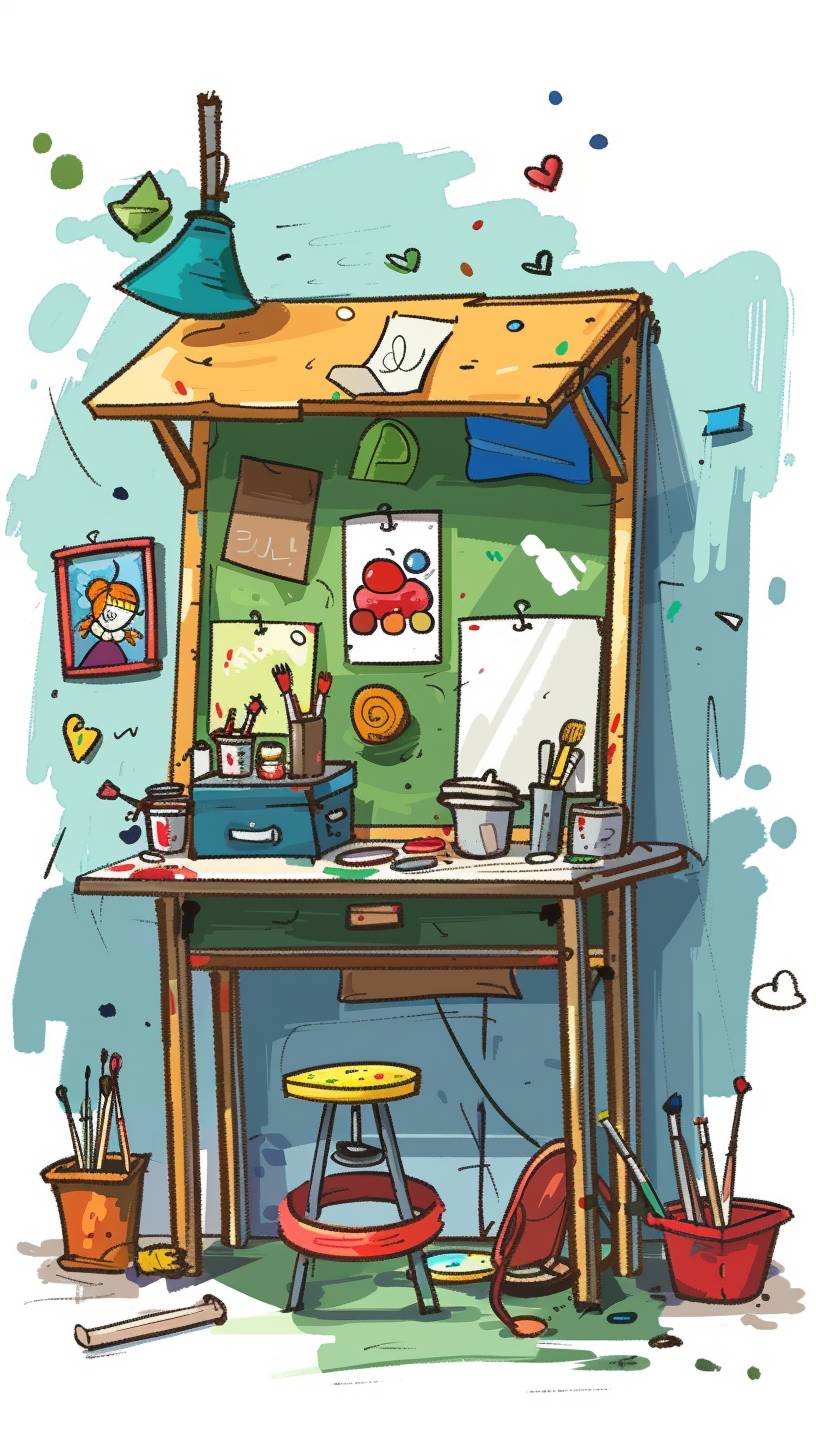 2D hand-drawn cartoon illustration of an art studio a clown would use in simple colored hand-drawn style