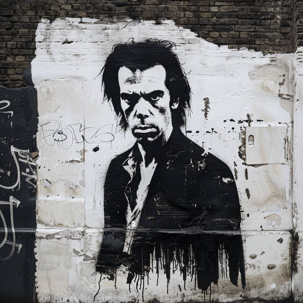A minimalist composition photograph depicting Nick Cave on a London street.