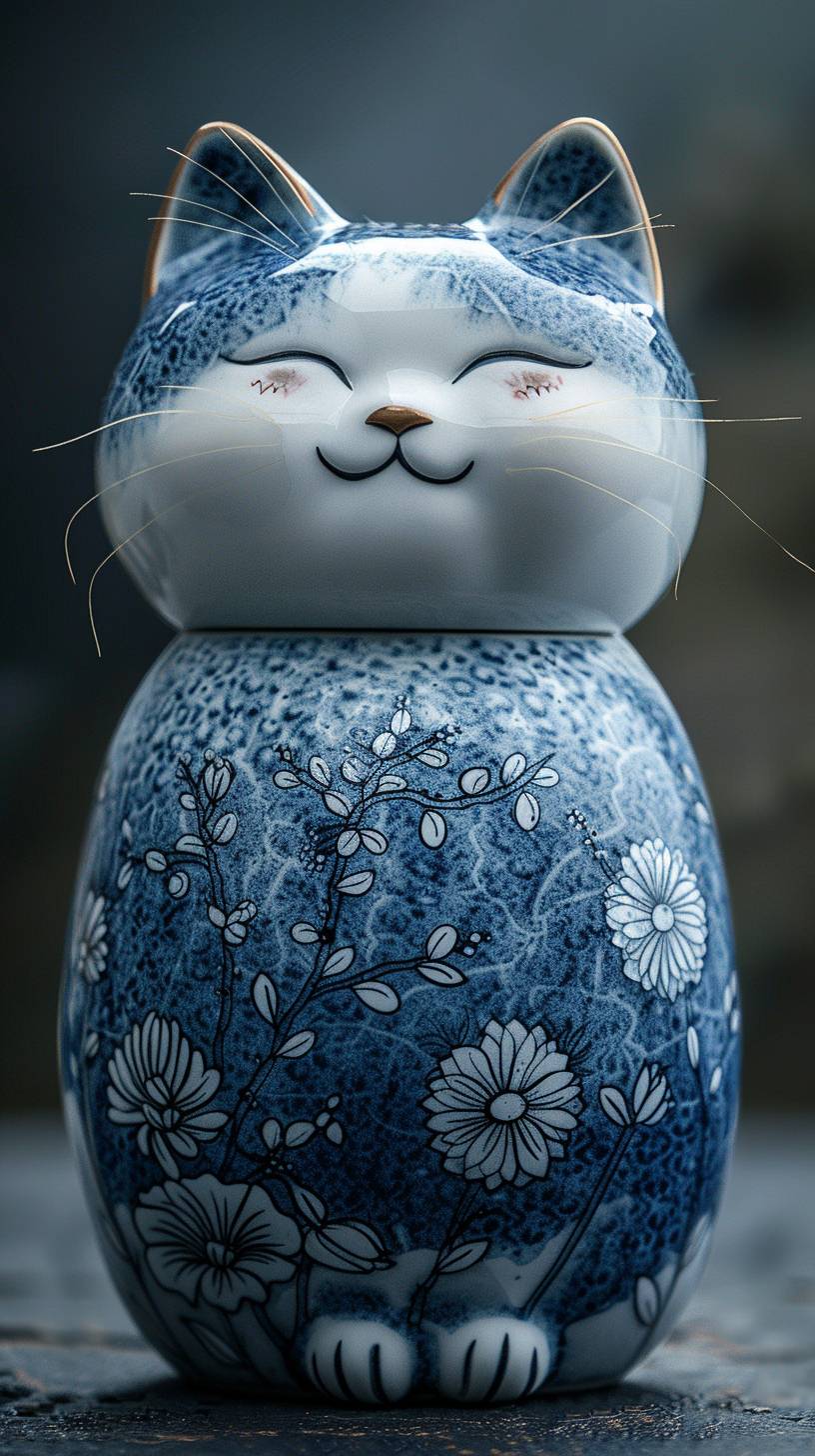 かわいい中国磁器で作られた猫、陶器素材、実際の反映、現代アート、中国のスタイル、中国墨流しのスタイル、製品撮影、濃い灰色のグラデーション背景、スタジオライティング