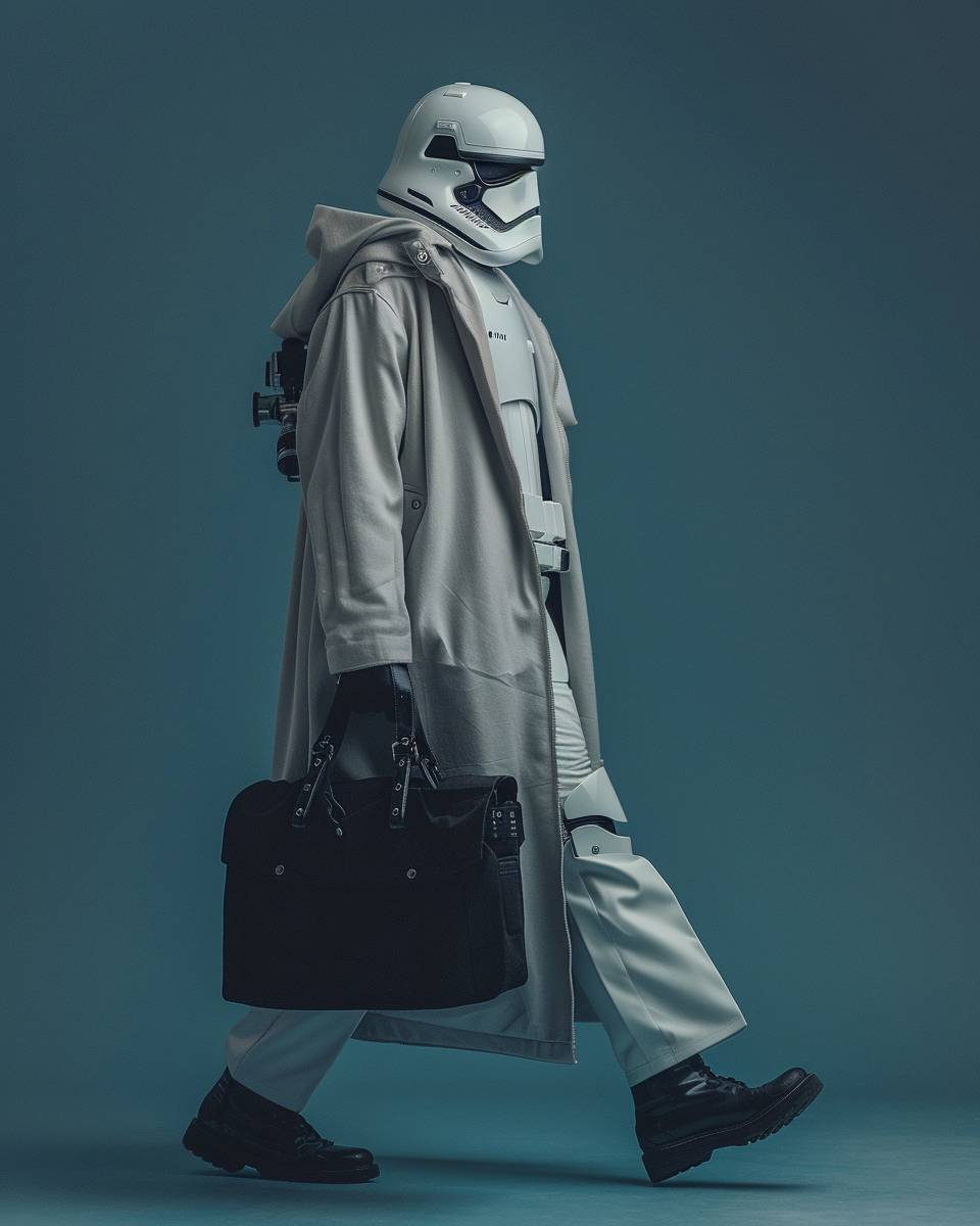 Fashion Portrait photography of a reimagined Stormtrooper from Star Wars with modern urban outfits, Medium shot, Canon EOS-1D X Mark III 4K, matte effect, blue monochrome studio background