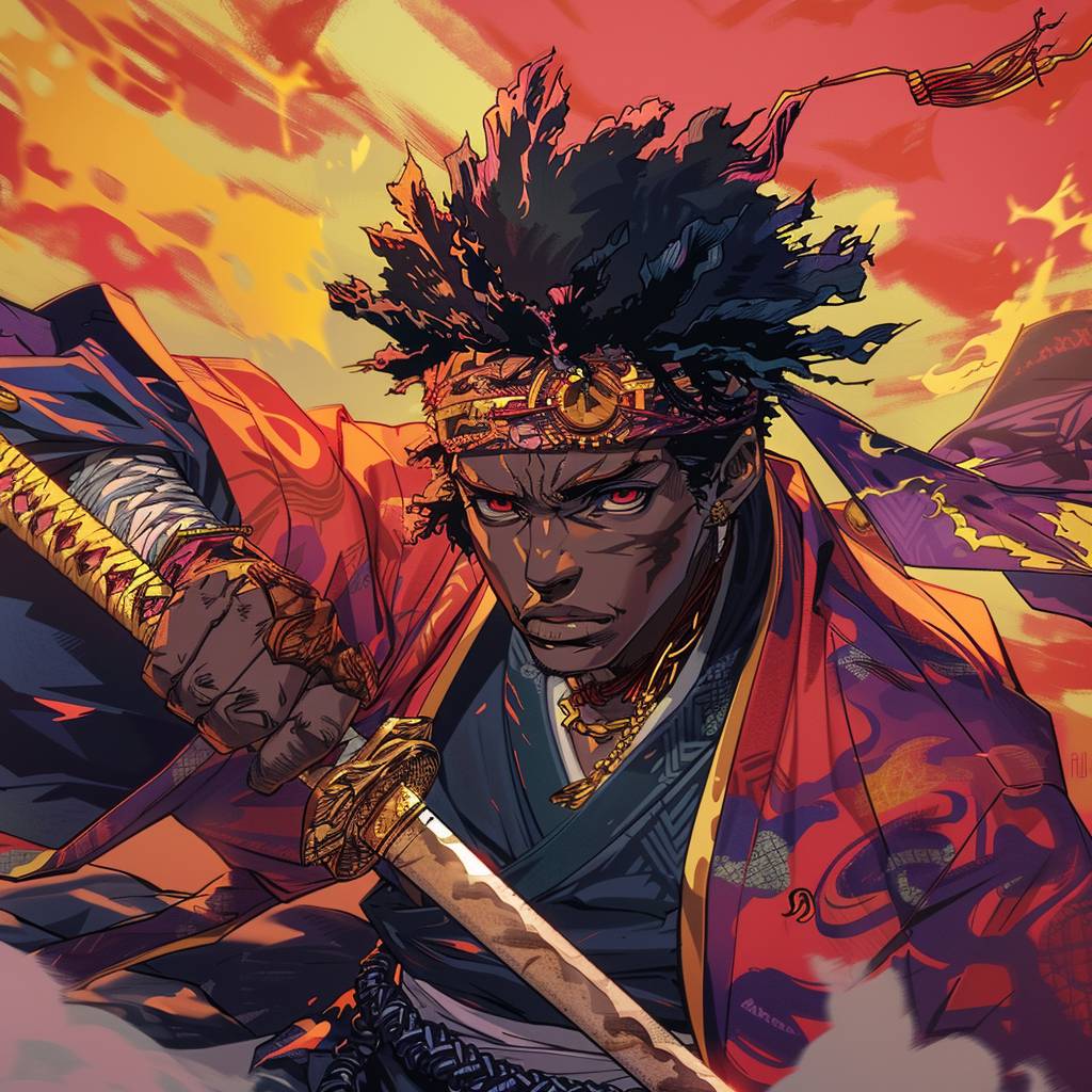 A dynamic full-body portrait of a Black anime protagonist, his spiky [color] framed by a sleek [color] headband, [adj] [color] eyes burning with [emotion], as he grips his ornate katana, powerful [adj] [adj] [noun] and [adj] [color]-[color] aura radiating around him, the fringes of his striking [color] outfit accentuating his lithe, [adj] frame, an air of [adj] [emotion] exuding from his composed yet [adj] [emotion] expression.