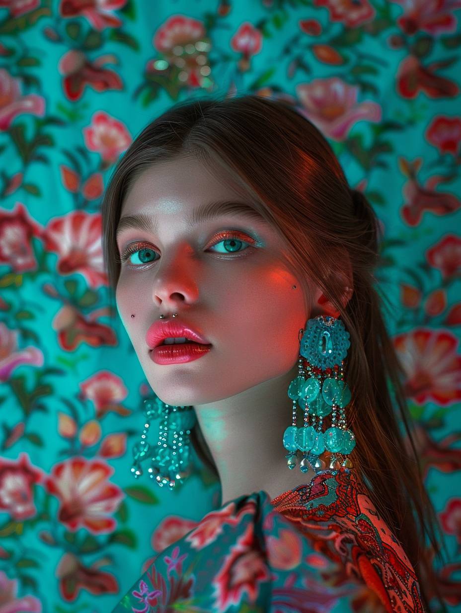 A beautiful girl with makeup and turquoise beaded earrings stands against a background of psychedelic floral patterns. She has pink lips, turquoise eyes, white skin, and long brown hair. The photograph captures her with perfect lighting.