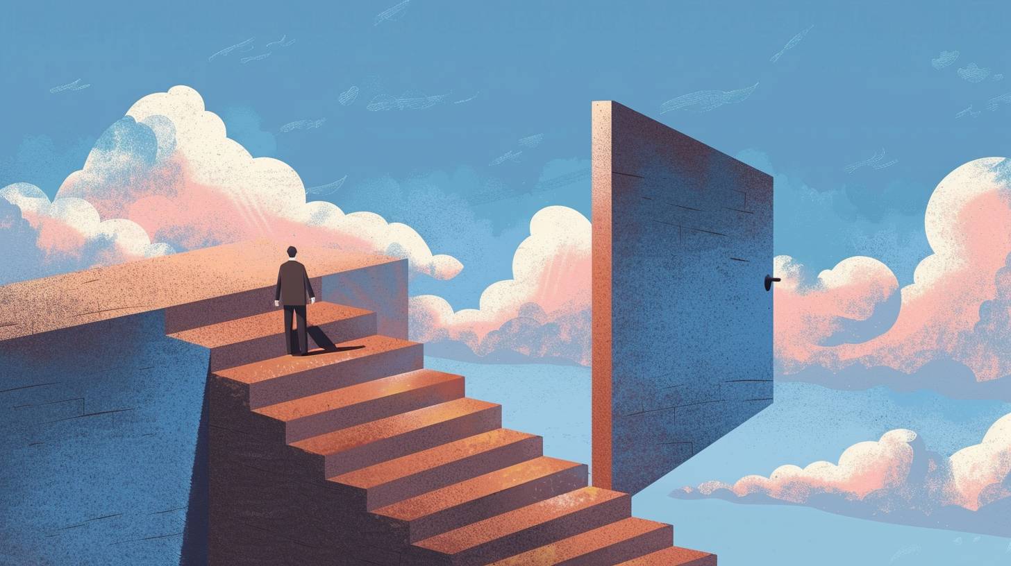 A person walking up the stairs of an open door leading to blue sky, symbolizing growth and new beginnings in life. The background is minimalistic with clouds, creating a serene atmosphere. The colors used for illustration include shades of gray, beige, brown, light pink, white, greyblue, navy blue, and orange accents. It has flat design elements and geometric shapes, giving it a modern feel, (openai style)