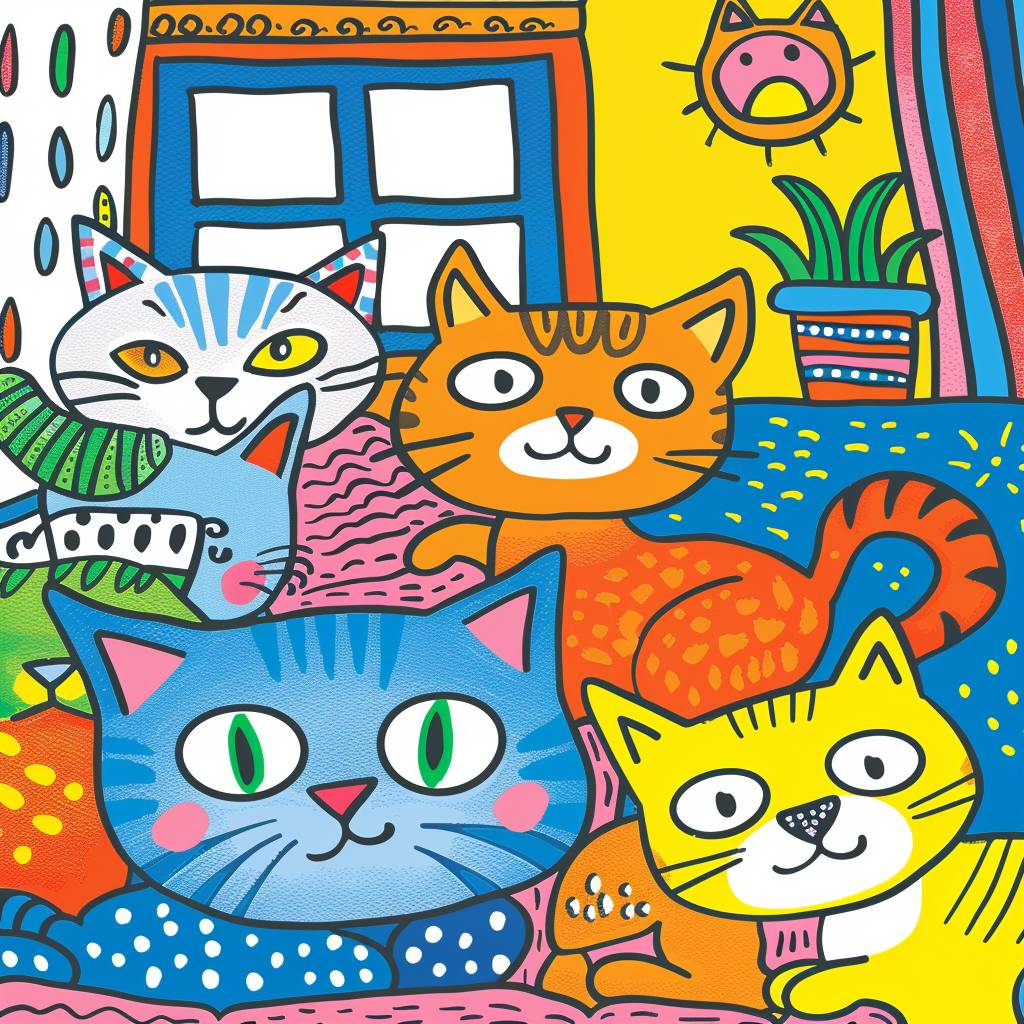 5歳以下の子供向けの塗り絵本の表紙は、家庭の中でいくつかのかわいいペットの猫が描かれており、カラフルなディテールと遊び心のあるデザインが若い読者の注意を引き、内部で待っているエキサイティングな冒険に興味を引き起こします。