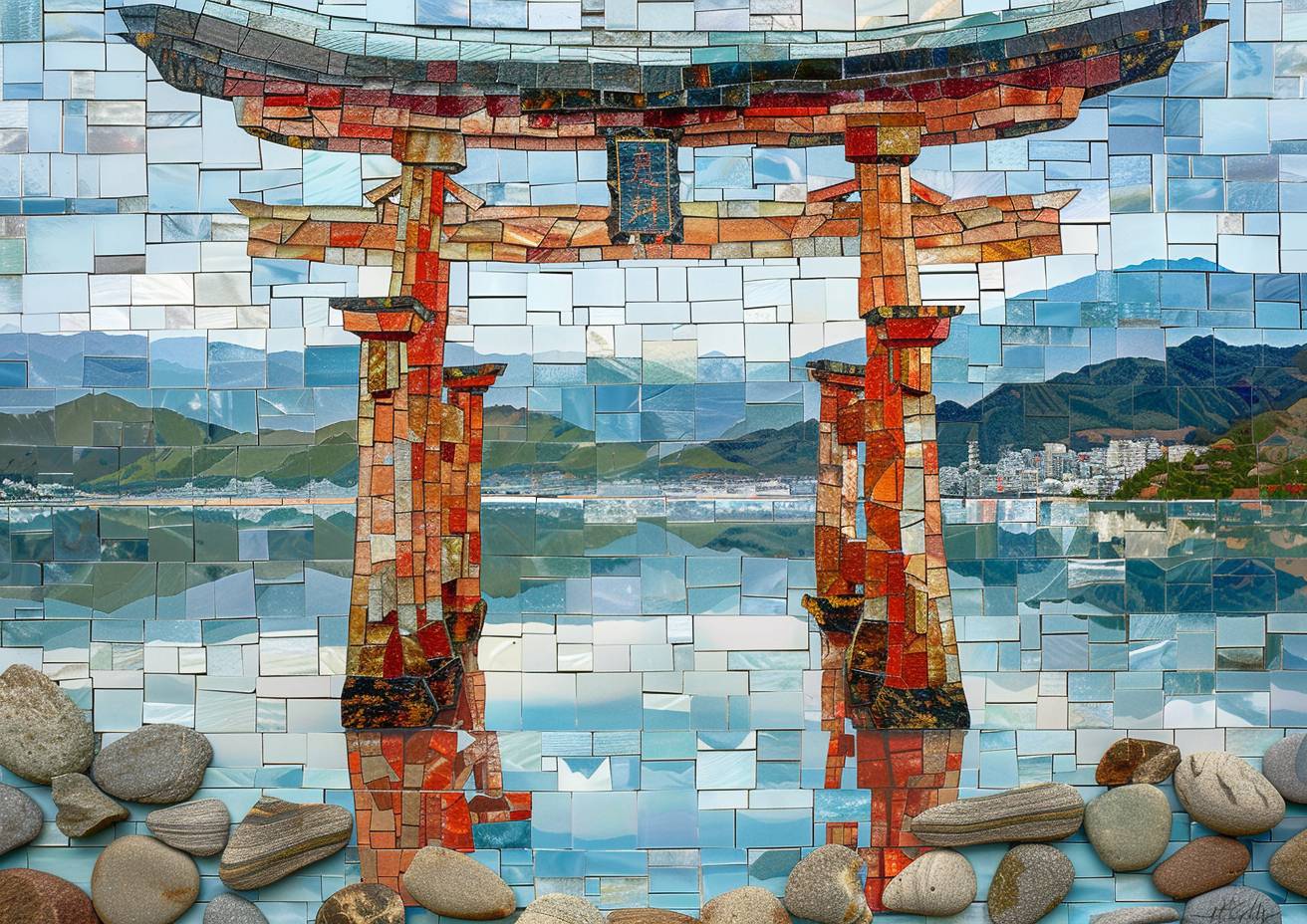 Sea glass mosaic, intricate detail, depicting a lakeside shrine, floating Torii gate, rippling reflections, mountains in background, strong visual flow.