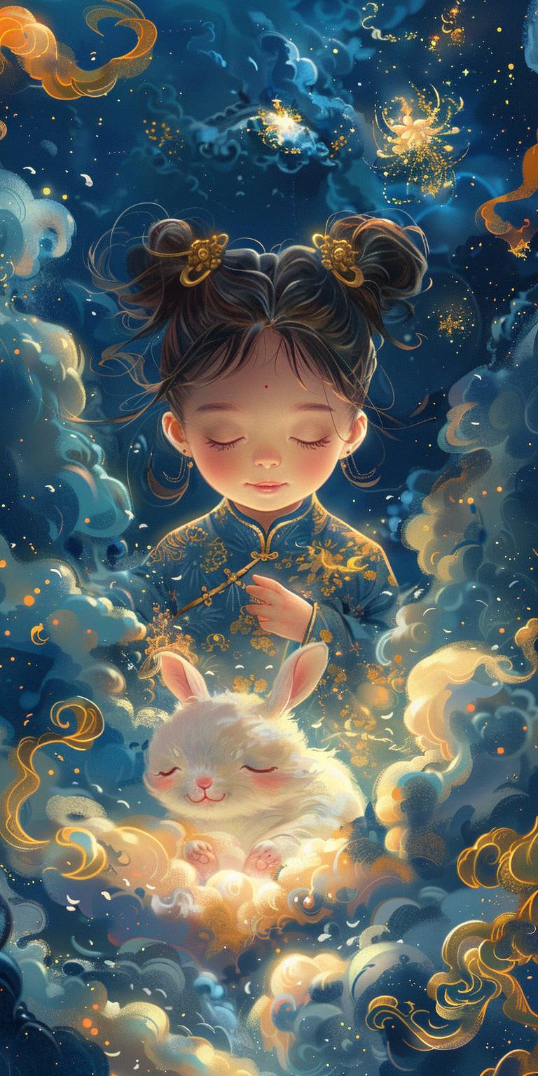 Hand-drawn, cute little girl on a sea of clouds, baby face, laughing, with two hair buns, holding a white rabbit, stars in the sky background, blue and yellow, intricate, 8k niji 5