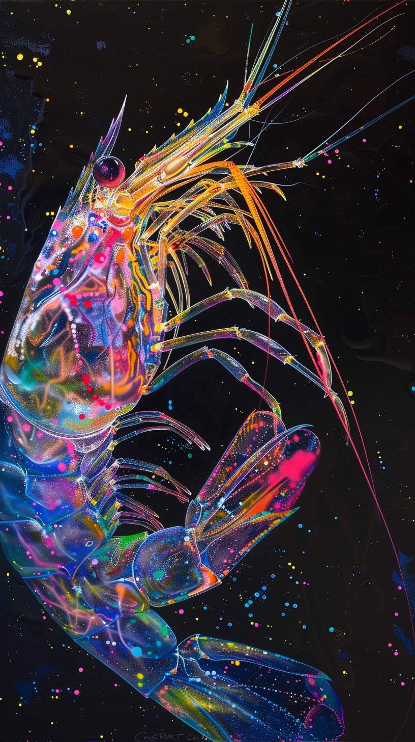 Sandro Botticelli's painting depicts transparent shrimp with colored fluorescent ink inside.