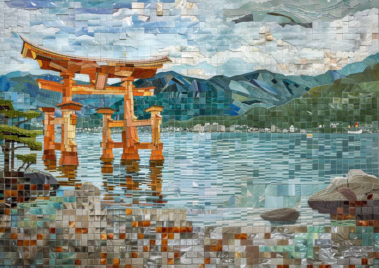 Sea glass mosaic, intricate detail, depicting a lakeside shrine, floating Torii gate, rippling reflections, mountains in background, strong visual flow.