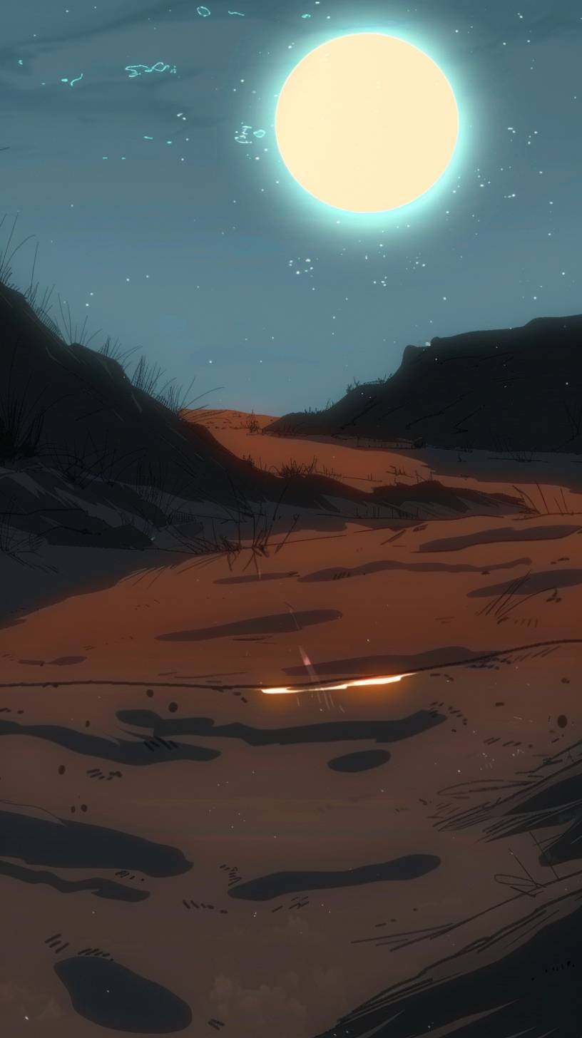 目が届く限り続く砂丘が広がる広大な砂漠風景。太陽が沈み、暖かなゴールデンライトを投げかけています。シネマティックな写真のスタイルで。