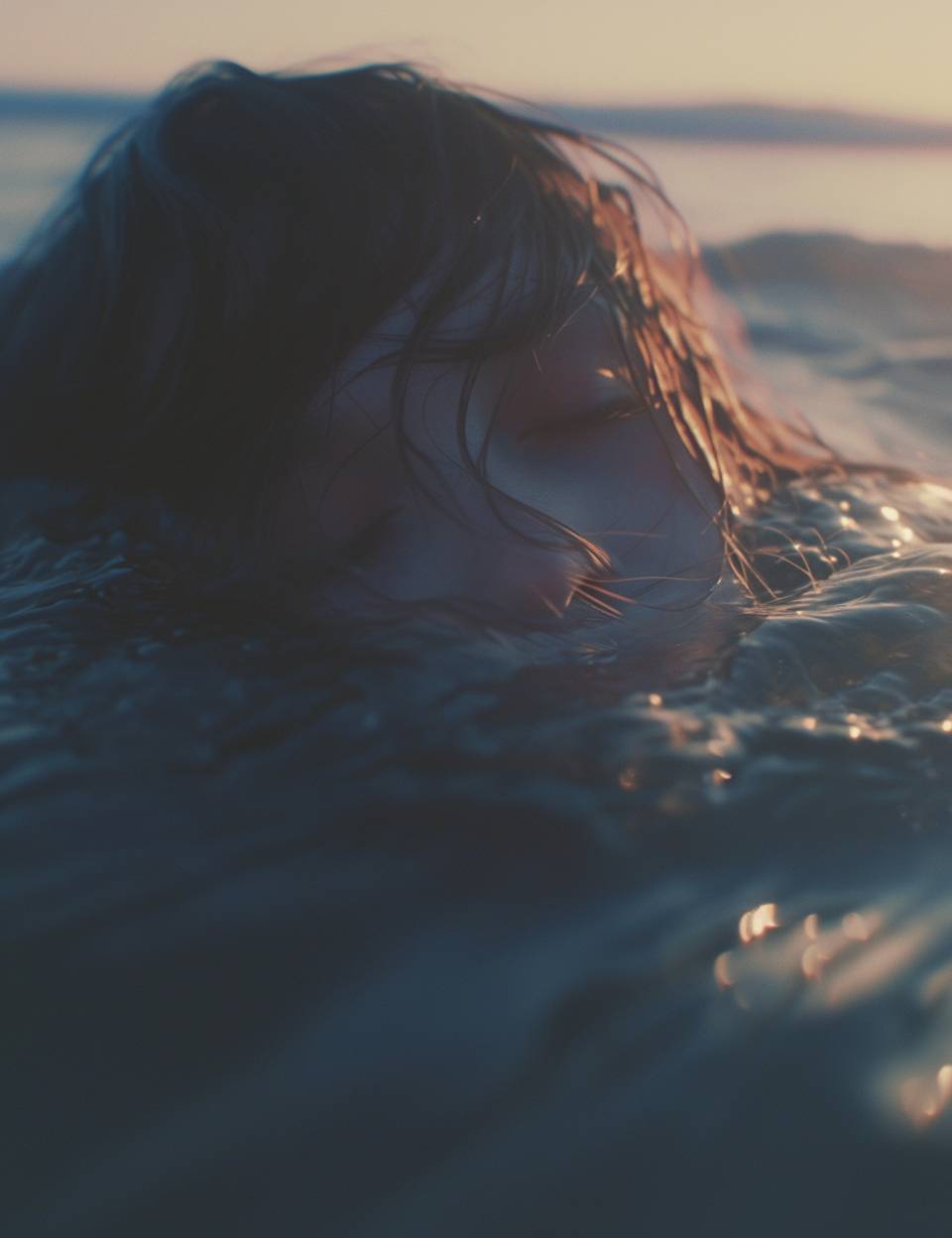 Waterline Gaze, Wide Angle, Shot on Hasselblad X1D, The image captures a woman as she floats, her eyes closed, with half her face submerged. The tilt-shift lens blurs the boundaries of water and air, focusing on where the water gently laps at her skin and where her hair floats away, mingling with the ripples of the sea. foreshortened view.