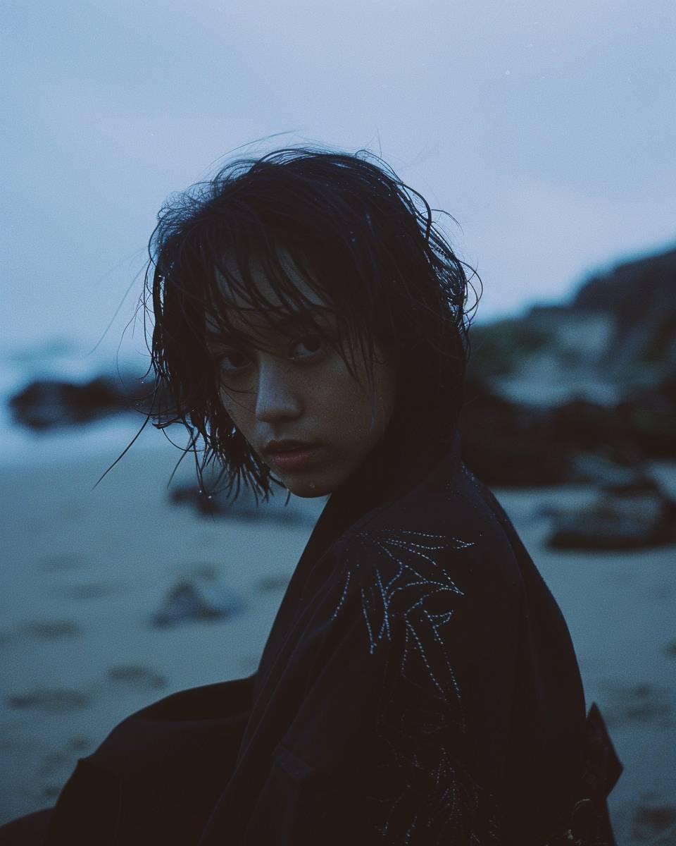 A photograph of a young adult Asian woman with short black hair, wet hair look, intense gaze, wearing a black embroidered kimono, sitting on a sandy beach with rocks in the background, overcast lighting, cinematic atmosphere, high resolution, film grain effect