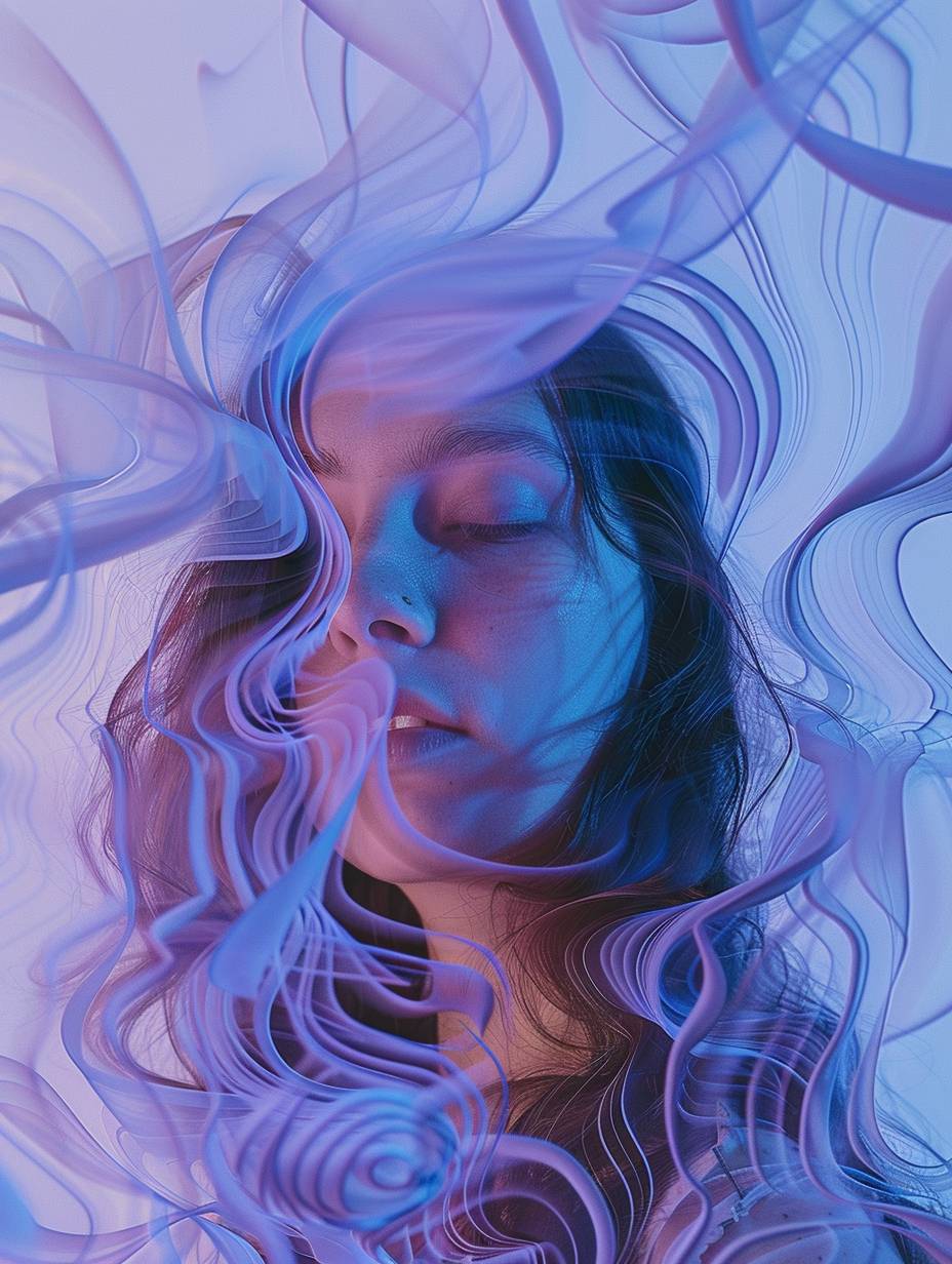 Portrait of a young woman surrounded by fluid and organic shapes, creating a dreamy atmosphere. The background features a soft gradient transition from light blue to purple, emphasizing the focus on the vibrant and intricate artwork.