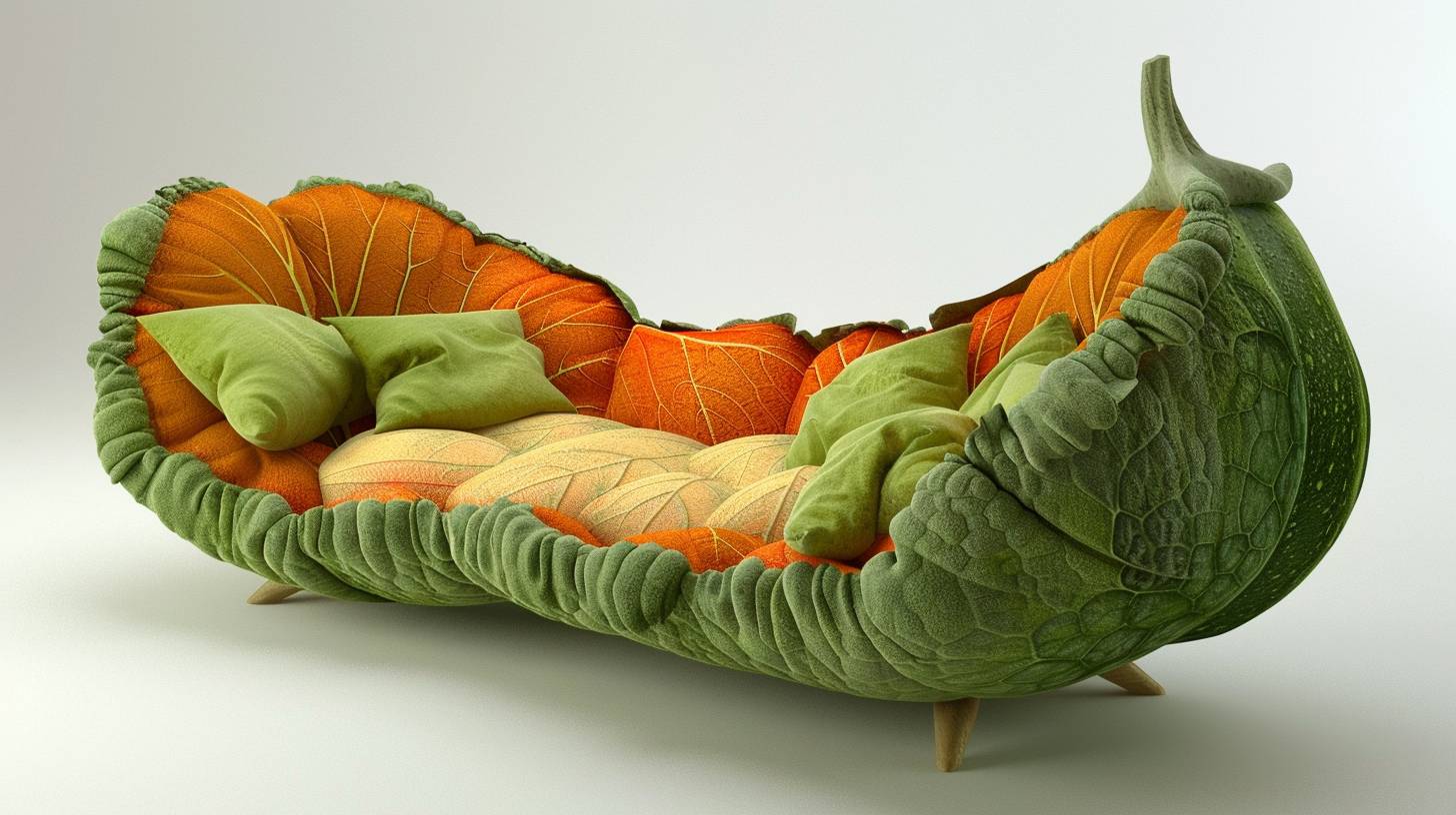 A three-dimensional model of furniture inspired by a specific vegetable, carefully designed to mimic the real texture and color of the vegetable, placed in a designated room setting, merging functional furniture design with the playful essence of the chosen vegetable, rendered in photorealistic detail and vibrant colors to evoke a fresh organic feel.