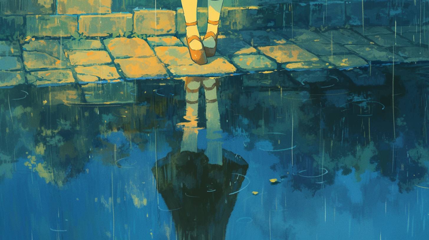 A focus on the feet of a ballet dancer tip-toeing through puddles on a cobblestone street, her grace juxtaposed with the rugged, wet environment, rainwater reflecting her every move. In the style of Makoto Shinkai.