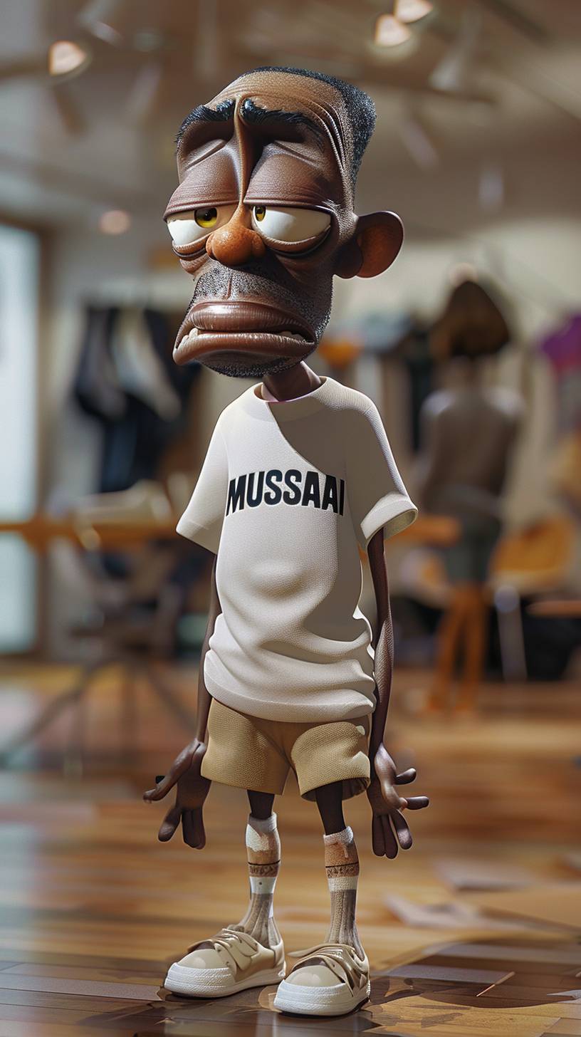 A caricature of a sad man wearing a white t-shirt, beige shorts and mismatched socks with exaggerated facial expressions, 'musesai' text in 3D Pixar style, office background, highly detailed.