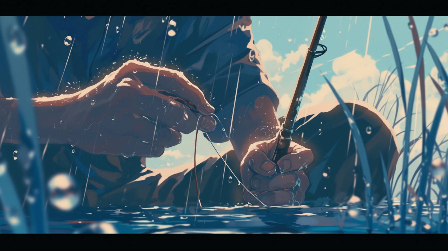 霧雨の中、漁師の手がルアーを結ぶ様子をクローズアップし、船の周りに雨粒が湖面に当たる様子に焦点を当て、指、水、釣り糸の触感の相互作用をマコトシンカイ風に表現します--虹6--アスペクト比16:9。