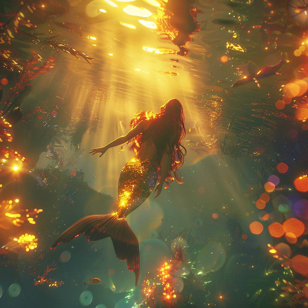 A cinematic still of a mermaid, 3D render neat and matte octane cartoon style, bright colors, soft shadows, and a warm atmosphere, dream sequence, psychic colors