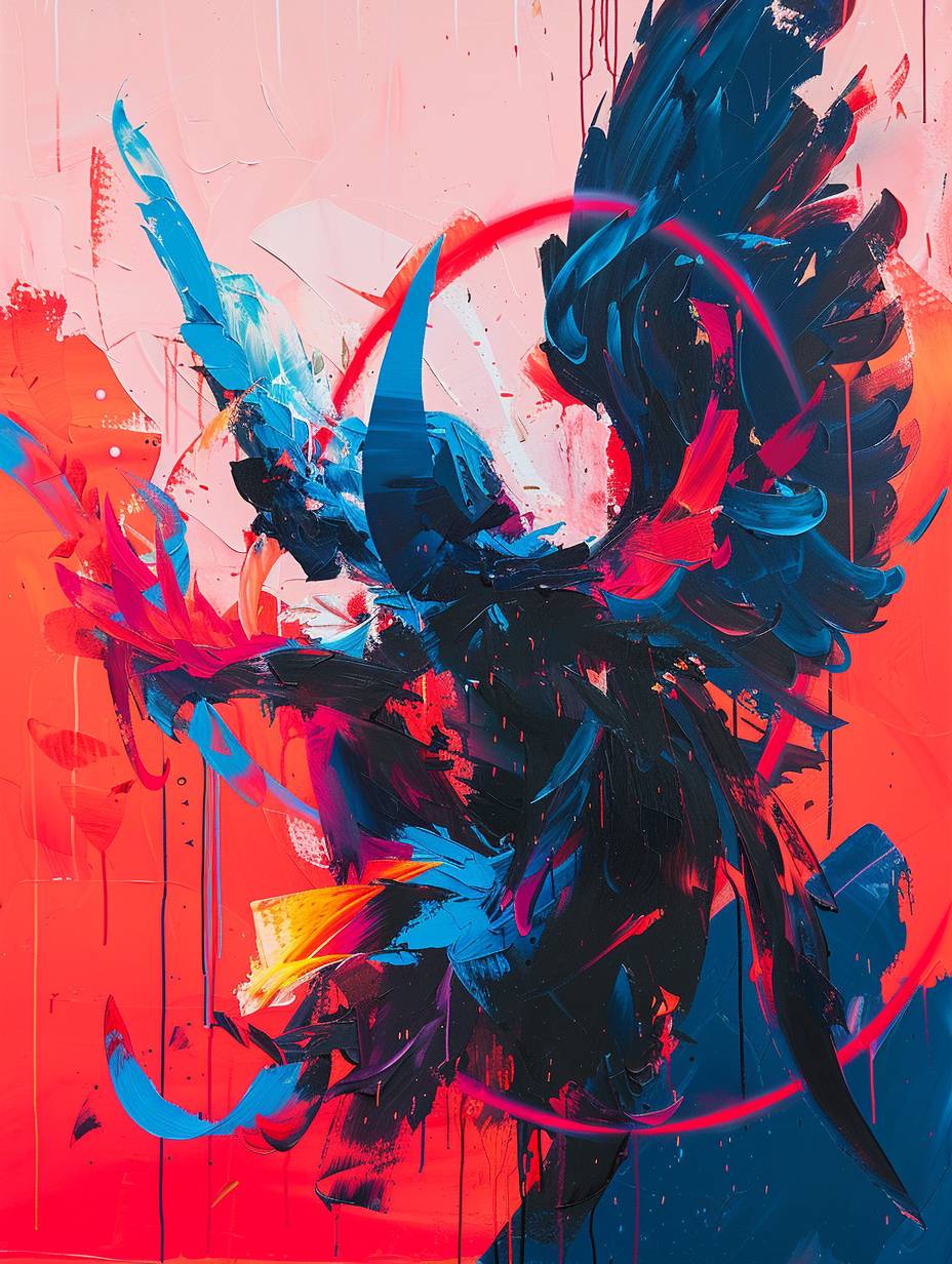 The painting features an angel surrounded by a halo and enveloped in flaming red and blue energy, in the style of Martin Ansin, Ismail Inceoglu, neoclassical sculptures, album covers, Criterion Collection, and baroque-influenced drama, glitch aesthetic.