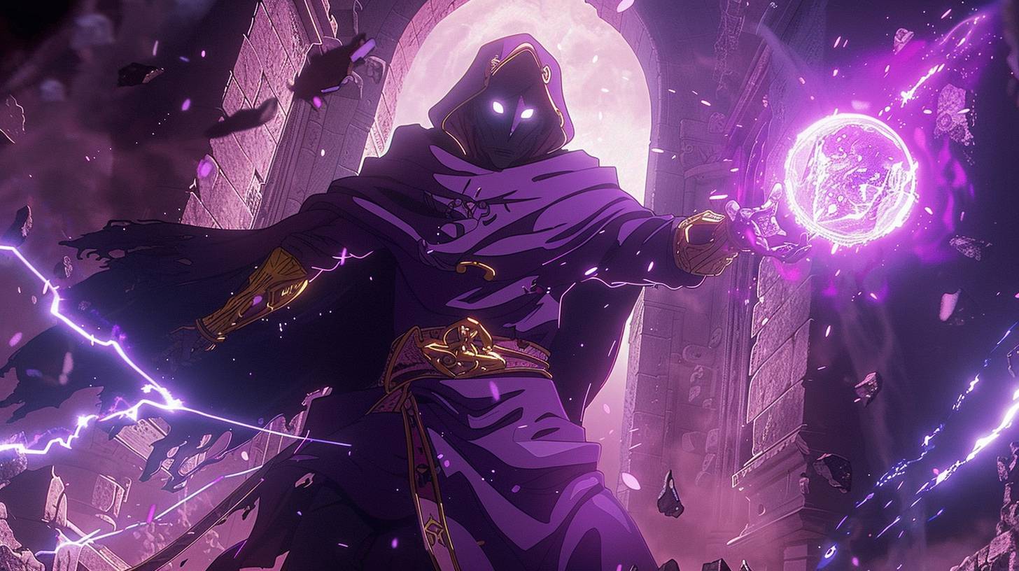 An anime dynamic action scene featuring a powerful mage with glowing white eyes, dressed in ornate purple and gold robes, wielding a staff with a crystal orb, casting a spell in an ancient ruined temple. This scene includes dramatic lighting, high contrast, frontal angle, swirling magical energy, floating debris, and a determined expression. It showcases sakuga animation style, cel shading, dynamic lines, fluid motion, vibrant colors, and highly-detailed imagery.