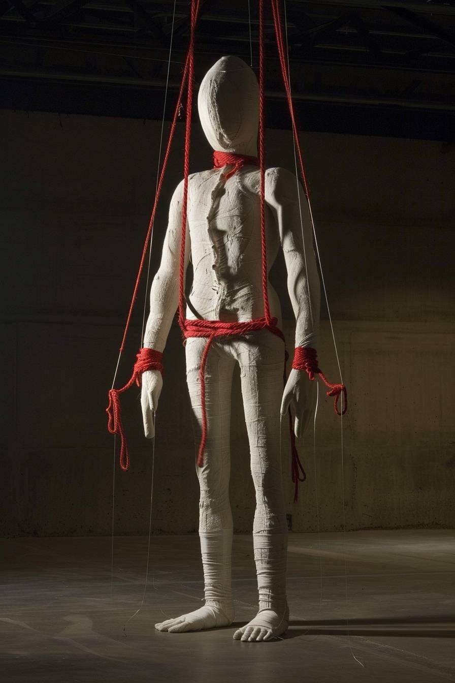 A surrealistic-style marionette, influenced by the artistic approaches of Rene Magritte, Patricia Piccinini, and Mark Dennis, and designed in a robust Brutalist style. This imposing figure stands approximately 1.8 meters tall, faceless, with red hemp ropes tied around its body, half arms and legs, and is suspended from a large frame by transparent thin tubes. Its exterior is starkly divided into red and white halves, presented in an upright stance facing the camera. Designed for tactile engagement, the surface is suitable for striking, while its interior is stuffed with cotton, providing a soft, deformable texture.