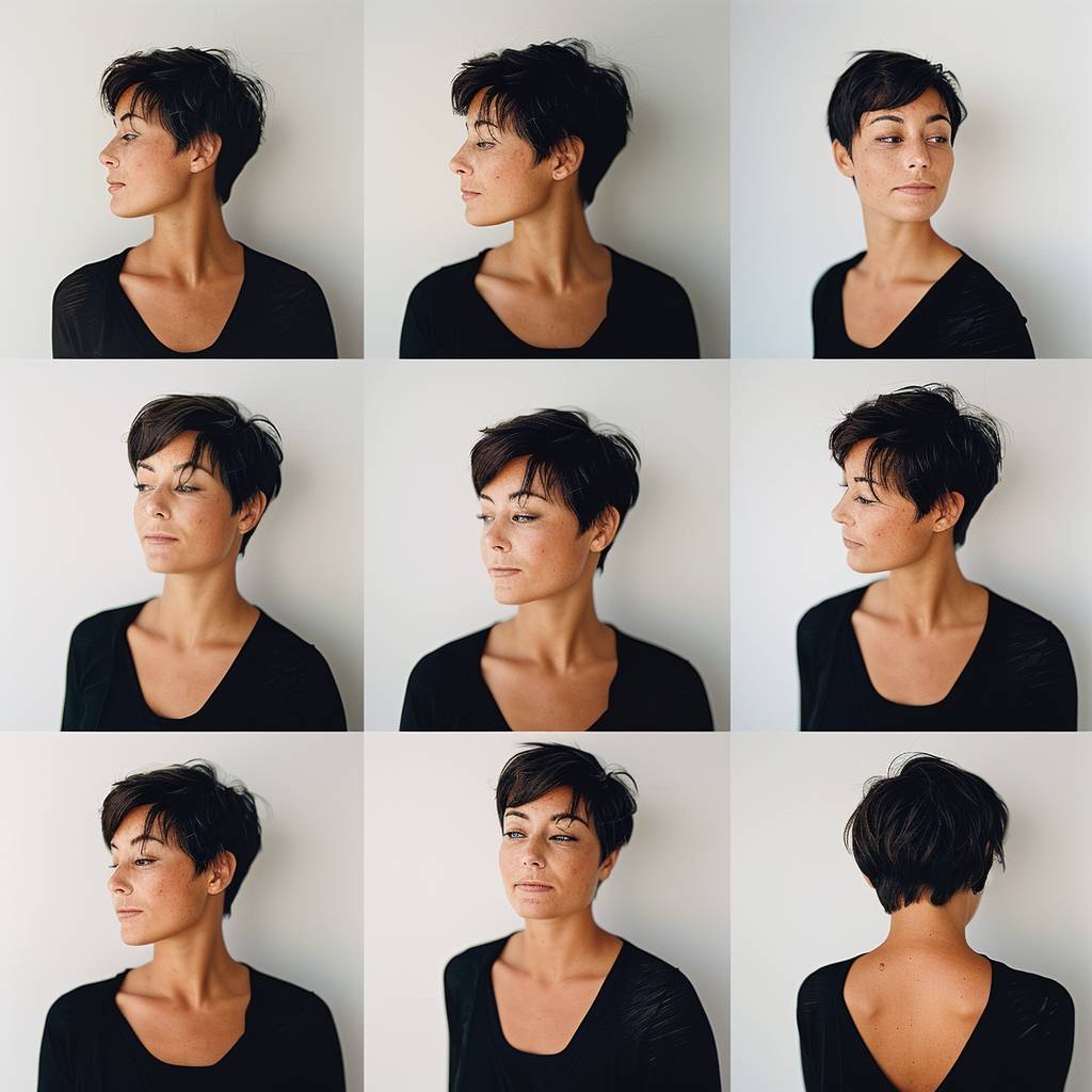 A brunette woman with short hair, olive skin, and dark eyes in the style of chic photography, split into multiple different images shot from various angles with different expressions, against a white background, Kodak Portra 160 --v 6.0