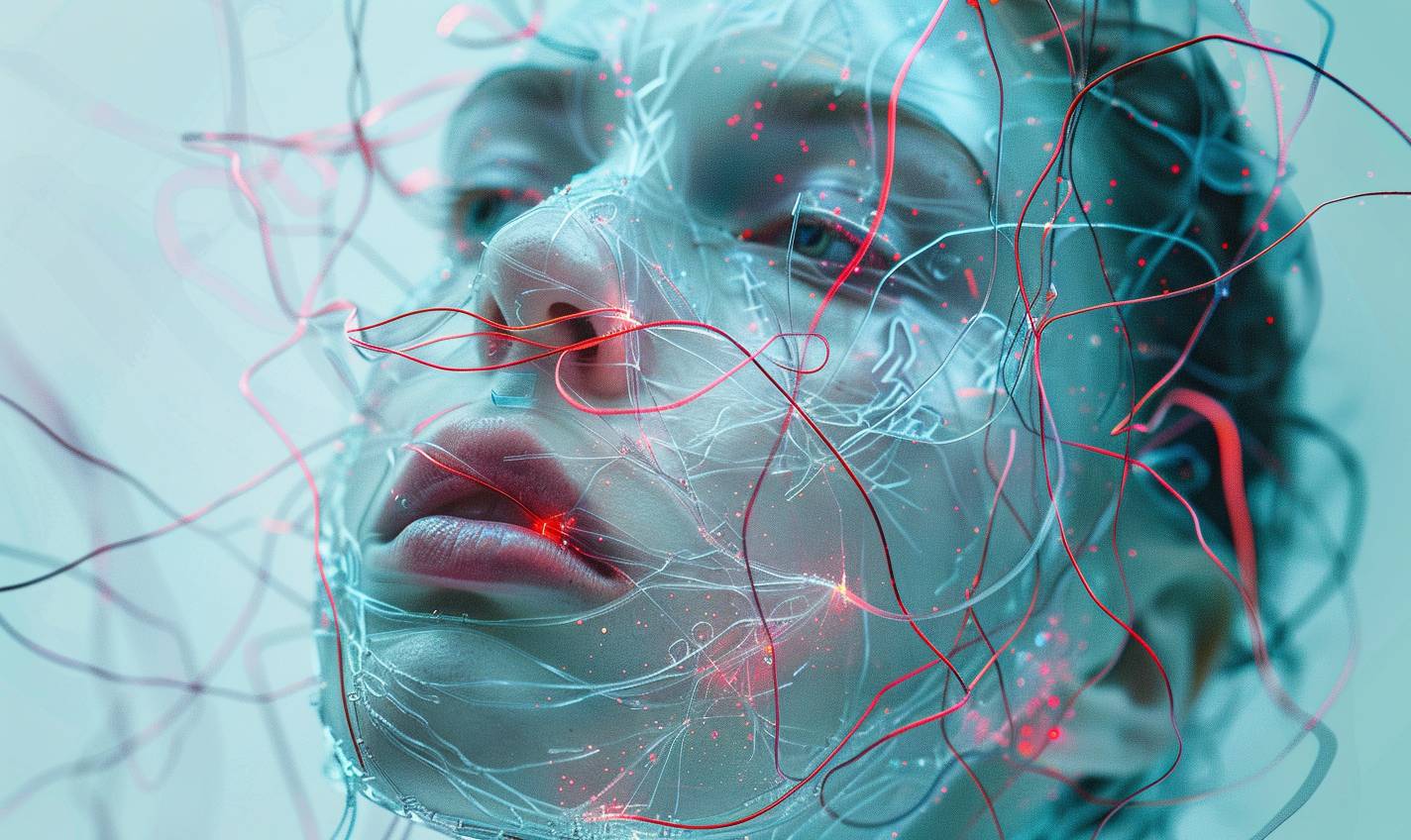 Tim Walker's haute-couture frontal portrait of a clear white ethereal android with translucent skin drowning in a sea of wires. Red and cyan hues, glowing highlights, dark shadows.