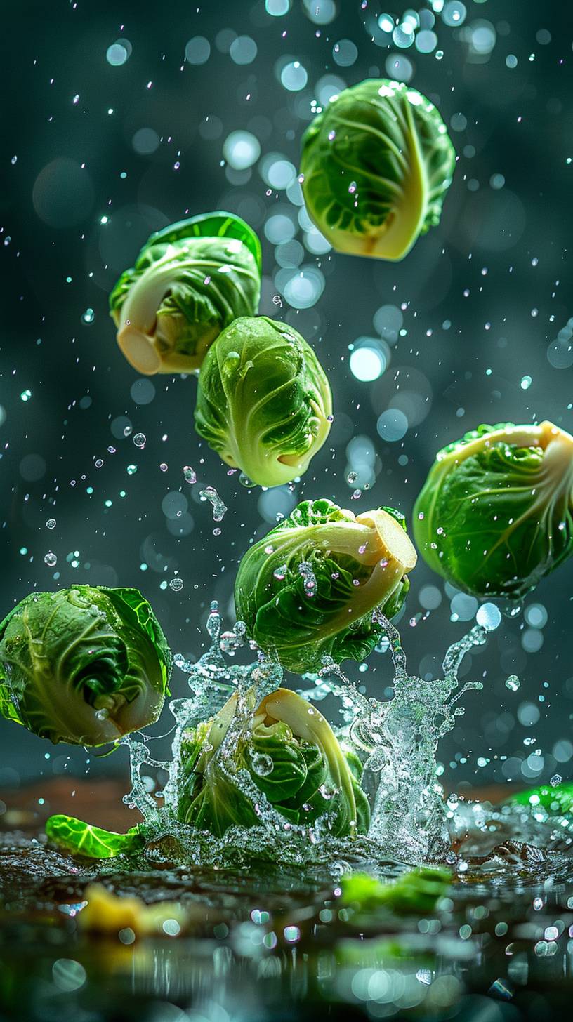 Four pieces of chopped brussels sprouts flying through the air with a splash, the background is cleanly lit and the water is transparent