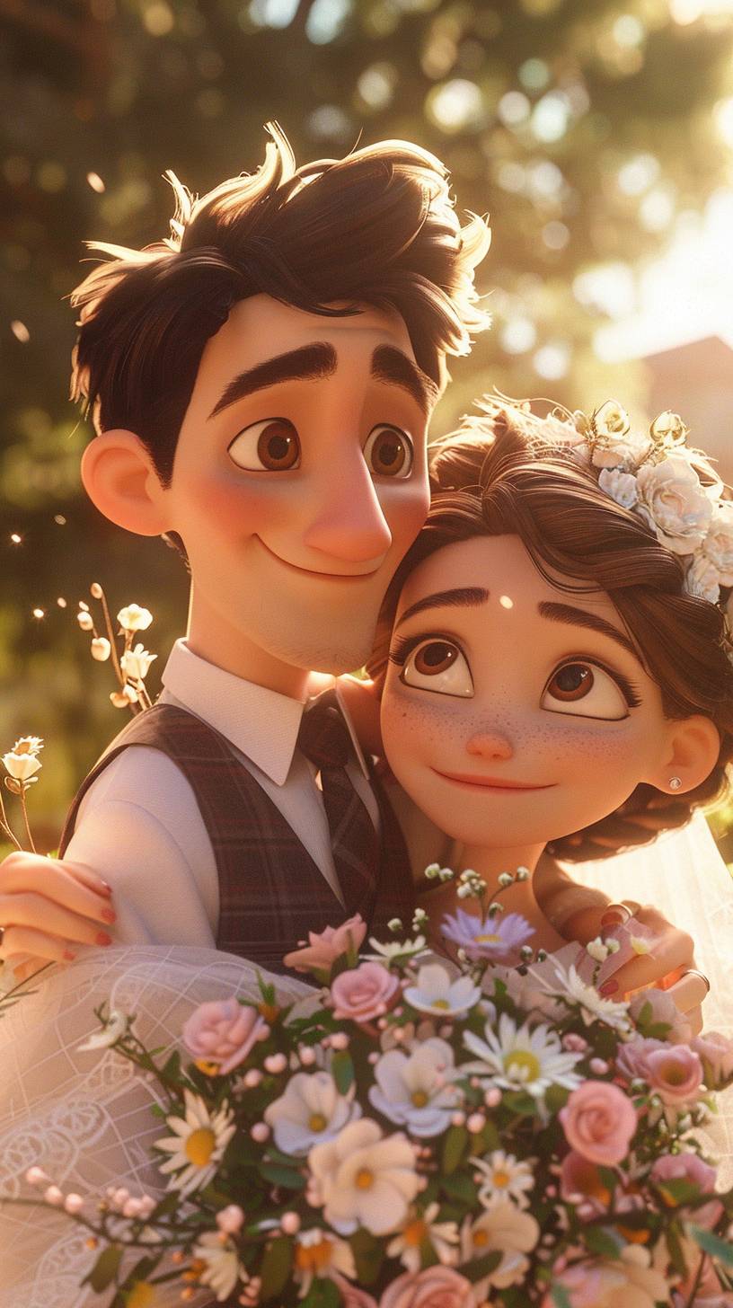 Summer, couple, hugging, bouquet, romantic atmosphere, smile, looking at the camera, animation scene, bright sunshine, park background, DreamWorks, Pixar