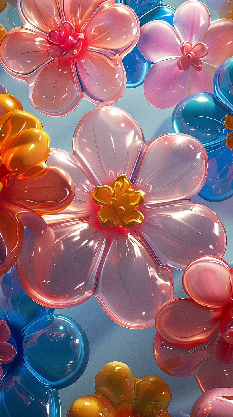 light blue, inflatable, Balloon flowers, multicolour, Barbie powder, inflatable balloons, clay, C4D, rich colors, summer colors, color conflicts, a peculiar angle