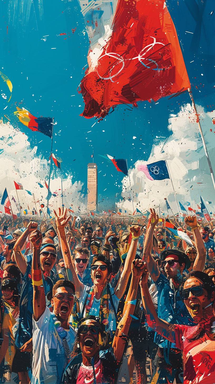 Design a promotional poster featuring a large crowd of people from various nations joyously running and celebrating. The poster should include the phrases 'Welcome to the Olympics' and 'Welcome to Paris, candidate city for the 2024 Olympics'. The scene should be a group of people in colorful athletic wear on stage, with a vibrant logo indicating Paris as a candidate city for the 2024 Olympics. The poster should reflect the Olympic rings and convey a lively, energetic atmosphere. In the foreground, there should be people carrying flags from different countries.