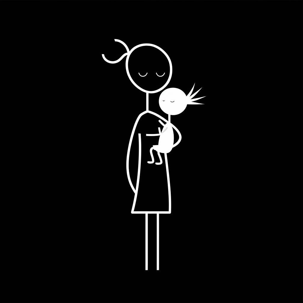 A simple, minimalistic image of a stick figure mother standing on the left side, facing the viewer while holding a baby in her arms. The baby is also a stick figure. The background is black, and both figures are white with black outlines. The mother has a ponytail and is wearing a dress. The style is clean and uses high contrast between the white figures and the black background.