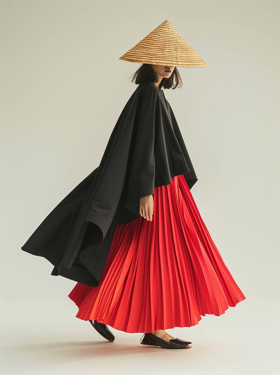 ファッション雑誌の表紙用にミニマリストスタイルのファッション写真、モデルはオーバーサイズの黒いケープと赤いプリーツスカートを着用し、麦わらで作られた円錐形の帽子を被ってランウェイを歩いており、ファッションポーズで前を向いています。背景は一色でスタジオライティングを使用し、ハッセルブラッド X2D 100C スタイルでLomography カラーネガティブ F476/30 フィルムを使用して超リアルな質感と粒子のあるテクスチャを捉えています。