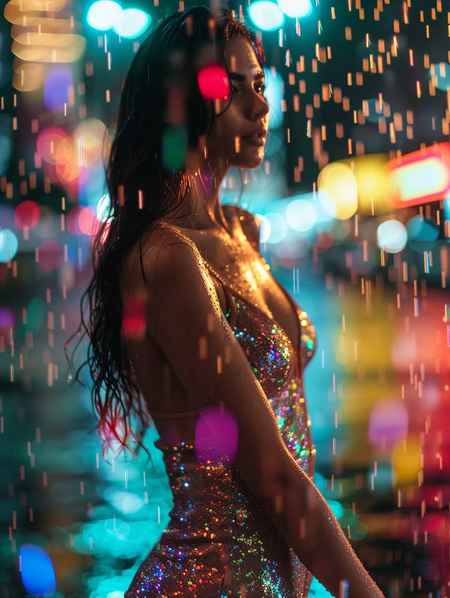 A beautiful woman in a short sequin dress stands in the rain. Colorful lights reflect on the water droplets. She has long hair with red highlights, and her face is emphasized against a blurred background.