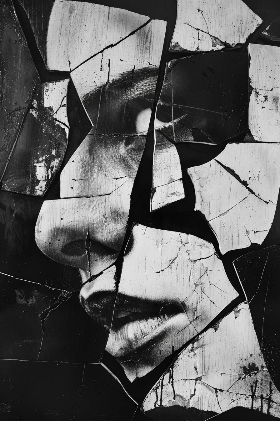 Black-and-white distorted portrait as abstract fragmented composition of fractured pieces by Jannis Kounellis -- stylize 75 -- ar 2:3 -- v 6.0