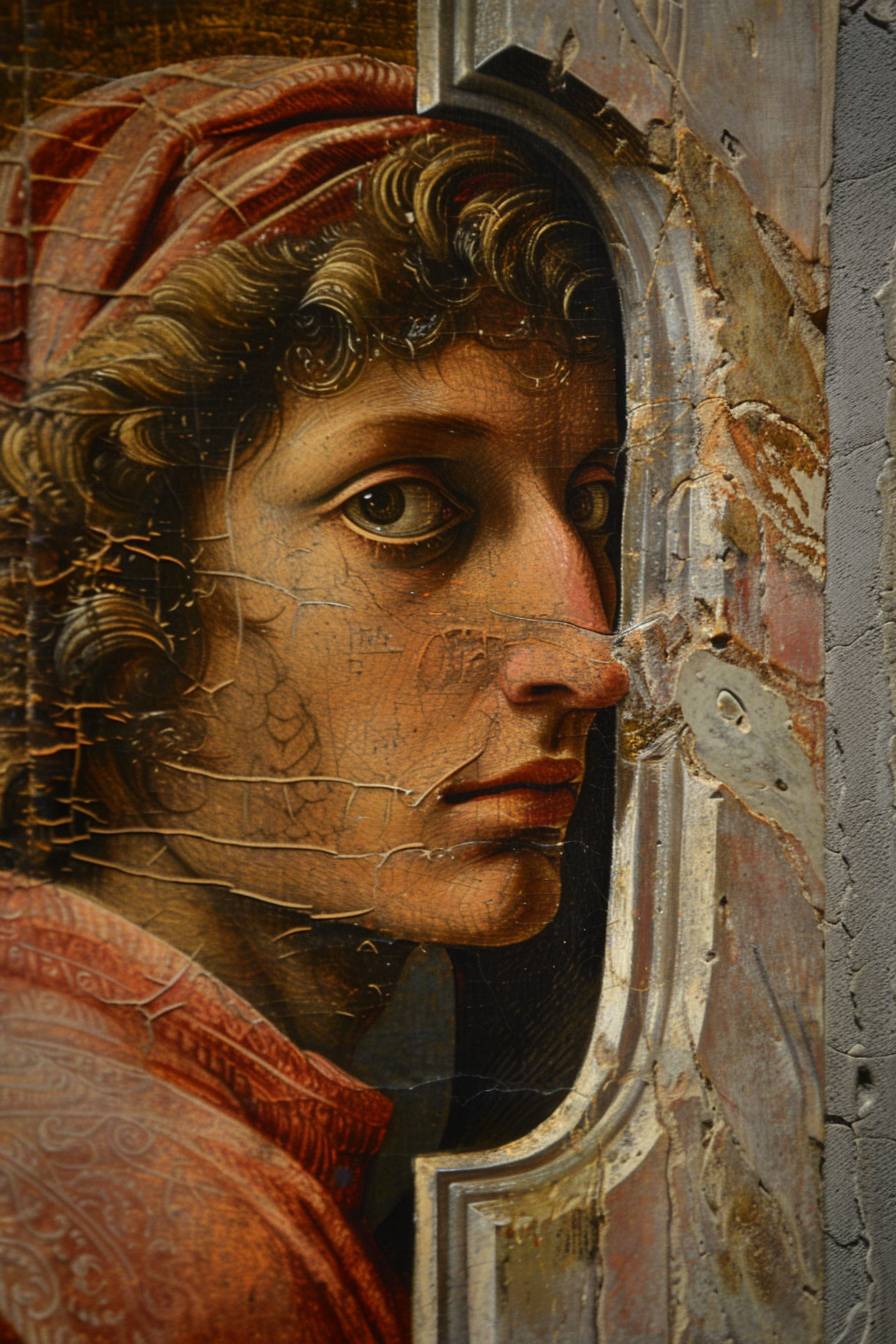 Peeping look through the keyhole depicted by Masaccio