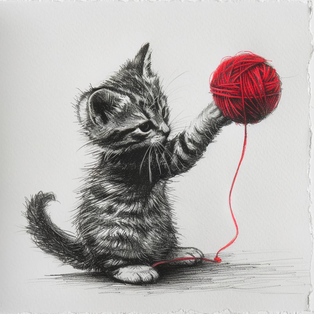 白い紙の背景に、赤い毛糸玉で遊ぶ小さな子猫のシンプルな鉛筆画。ミニマリストでシンプルな線、フラットデザイン、高コントラスト、単色、詳細で入り組んだディテール、手描き、黒と灰色のトーン、鋭いエッジ、シャープな焦点、ぼかし効果なし
