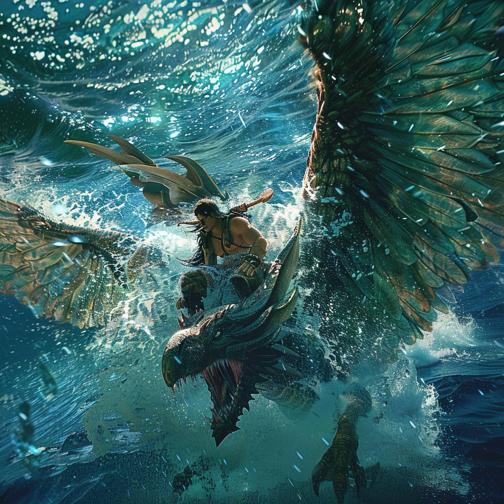 A warrior riding on a giant creature in the water with its wings spread wide, capturing a beautiful scene with a camera positioned just above the water, showing intricate details of the creature’s scales, fins, and wings. Majesty, the hero rides on the creature in the water, digitally enhanced graphics, straight, sharp focus, bright lighting, close-up, cinematic, bronze, azure, blue, ultra-high definition, 18K, sharp focus, bright photo with rich colors, full coverage of a scene, straight view shot –ar 16:9 --v 6.0