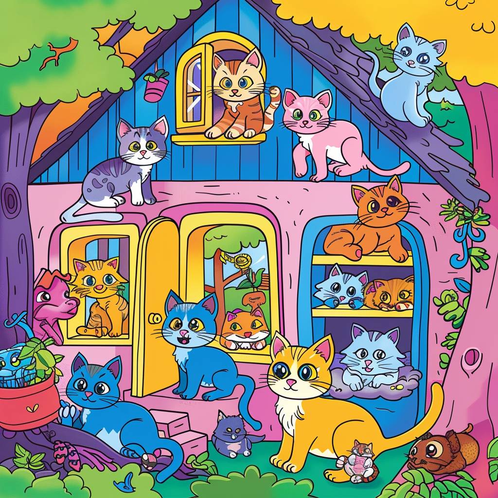 This book cover for a coloring book for children 5 years old or less presents a captivating scene of a several pet cats in a home setting, Colorful details and a playful design immediately capture the young reader's attention, sparking their curiosity for the exciting adventure that awaits within.