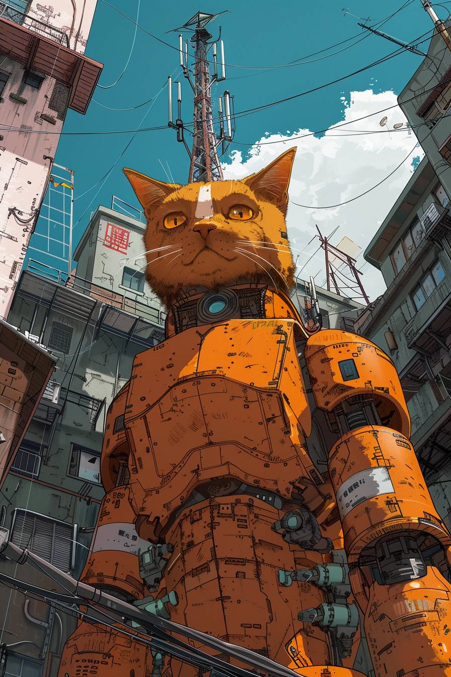 Create a techmecha-cat in the style of the Tekkonkinkreet anime. Low-angle composition.