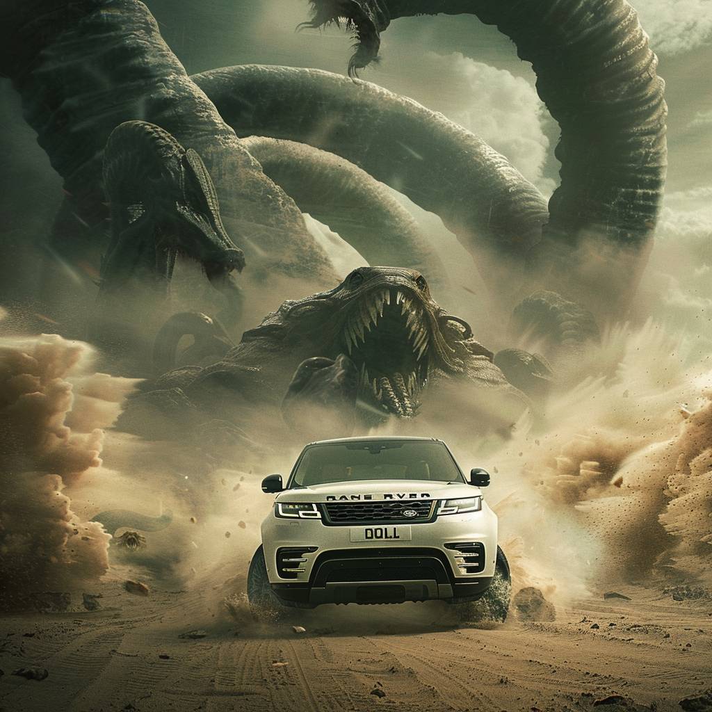 A white Range Rover sports car driving in the dark desert, giant screwworms hovering in the black desert sandstorm in Dune movie, giant sandworms want to eat the car, realistic photography, movie concept poster, epic fantasy scene