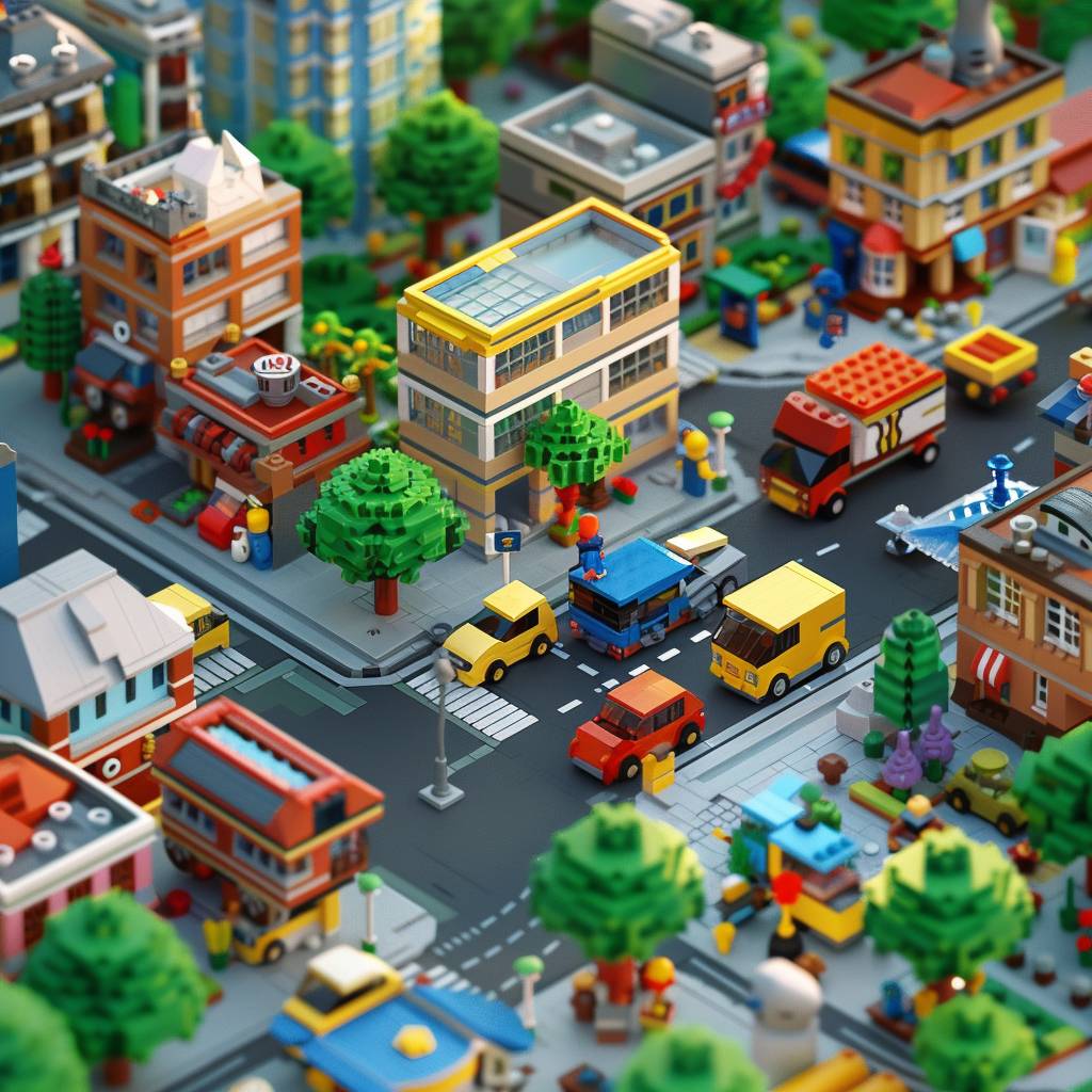 Detailed isometric-view fragment of enormous elaborate LEGO city block