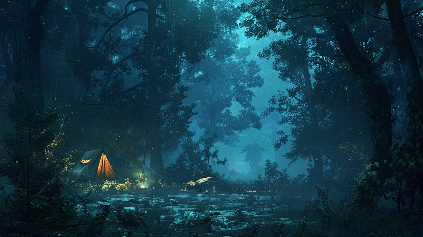 密林の中にある原始的なキャンプが夜に描かれています。巨大な木々に囲まれ、濃い木の葉の下で、コンセプトアート、ファンタジー、デジタルペイント、シネマティック