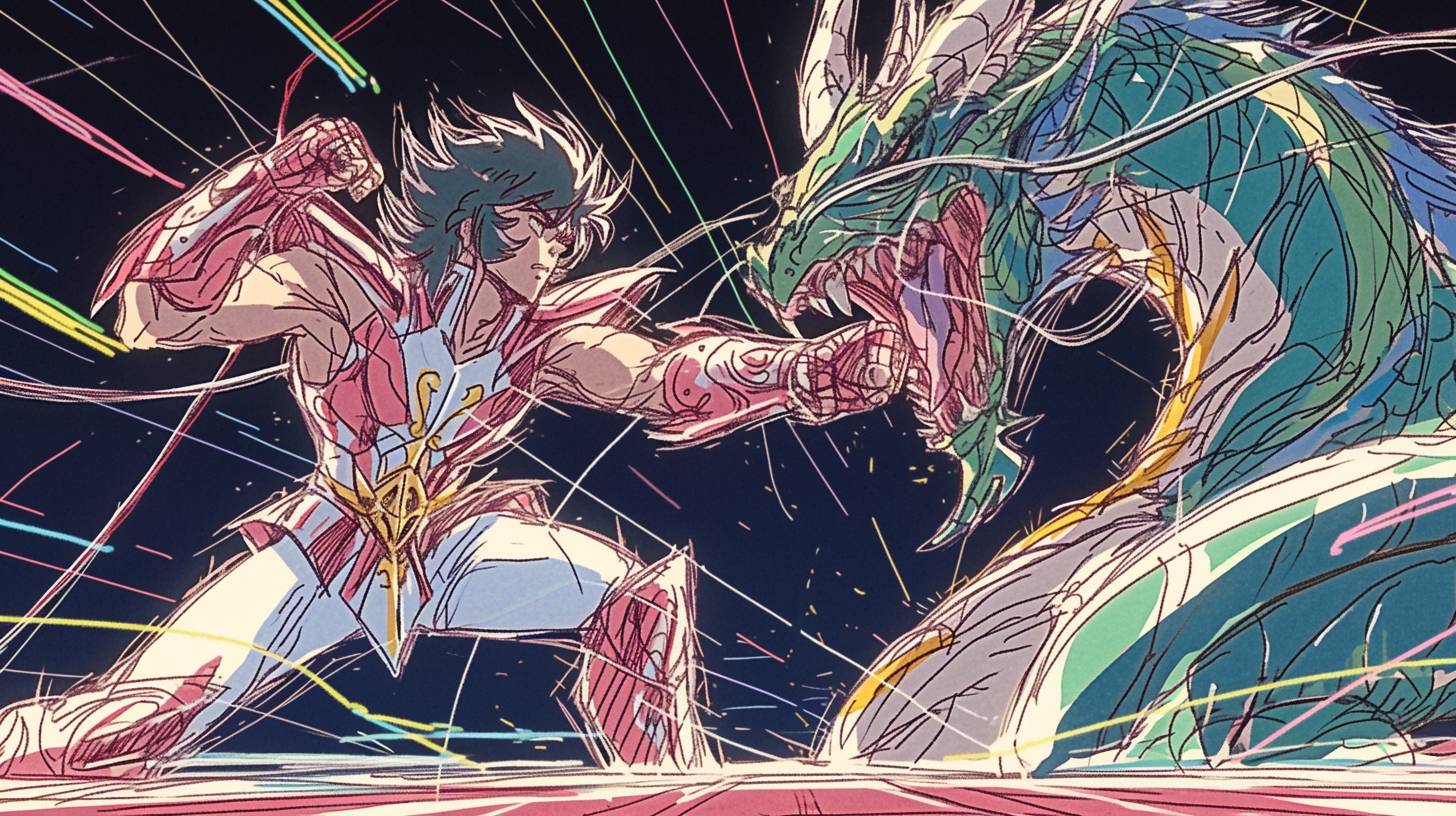 Dragon Shiryu fighting, in the style of Hajime Sorayama, anime art, Saint Seiya, epic, RTX on, Daz3d, animated illustrations, foreshortening techniques, sharp angles, vibrant manga, Japanese-inspired