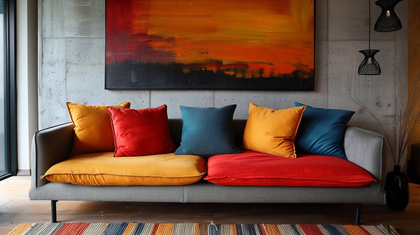 Interior photo of a sofa, painting on the wall behind, color blocking