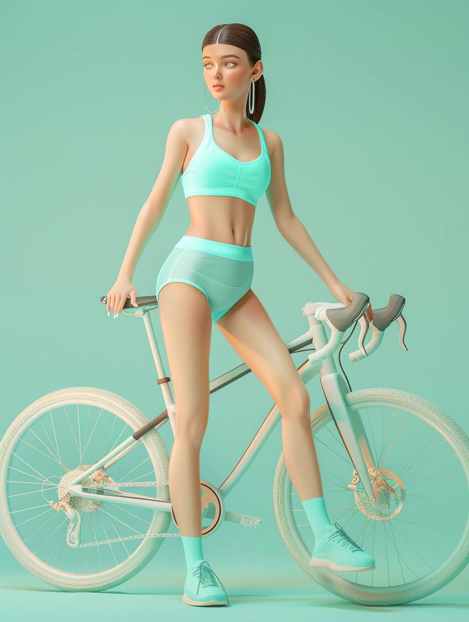 Realistic 3D cartoon style rendering, girl, mockup, full body, wearing baby blue color trendy sportswear, bright pastel colors, personality: gentle, riding, standing posture, cycling posture, lateral side, new popular portrait, fashion illustration, Popmart IP style, soft light, solid color background, 3D rendering, OC rendering, 8K