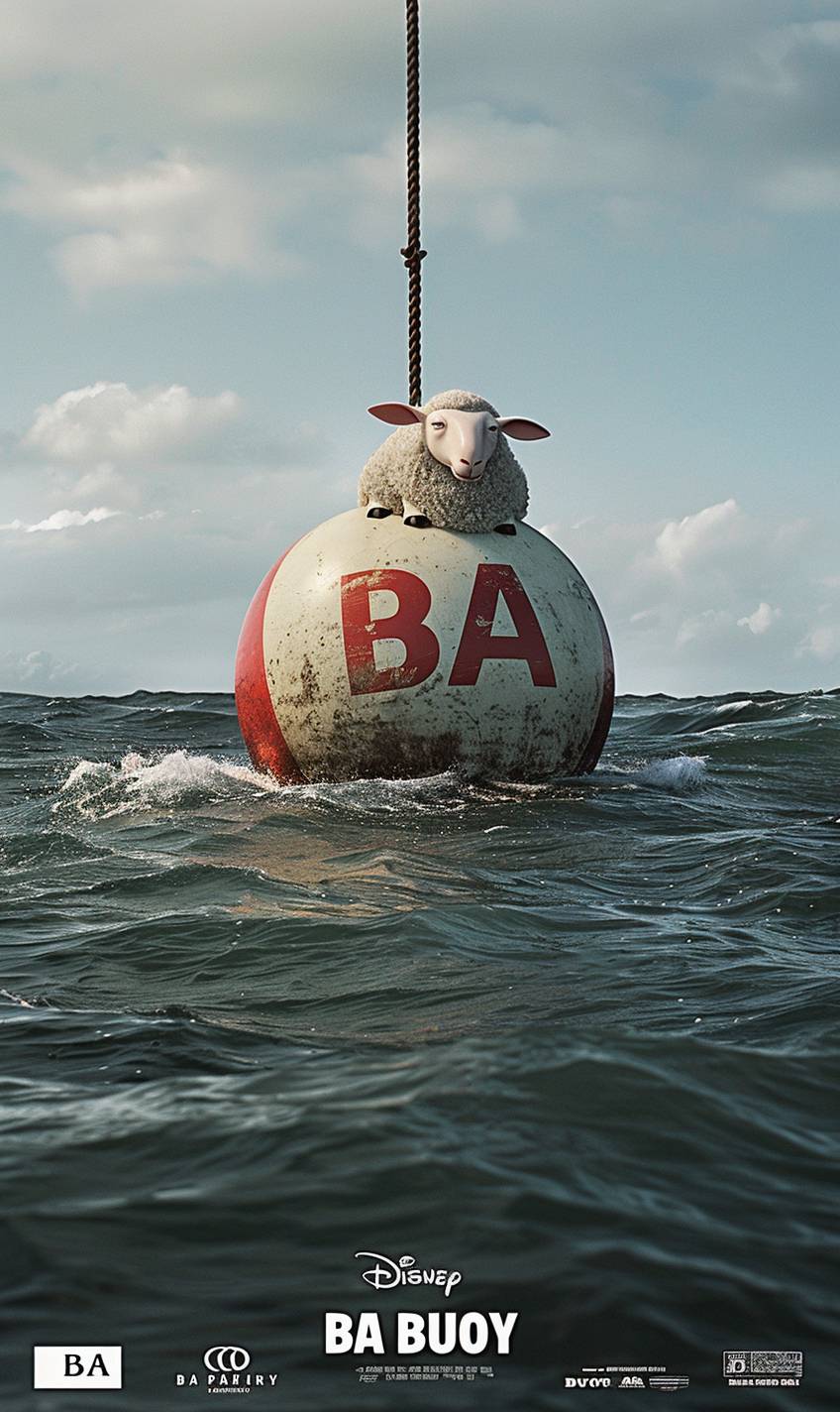 A Pixar movie poster called 'BA BA BUOY' which shows a buoy in the ocean that looks like a sheep, text title --ar 3:5 --v 6.0