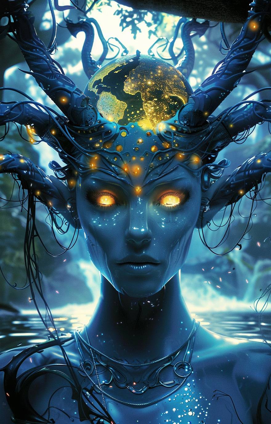 A beautiful blue woman with an elegant, slender figure and glowing eyes stands in front of the Earth. She has many metallic vines growing from behind her ears to form two metal horns that stand upright above each ear. The background is a dark night sky with trees and stars. Her chest skin glows a golden yellow like fire under sunlight. Water flows around her, creating ripples. She wears ancient silver jewelry and carries futuristic LED lights in a cinematic style.