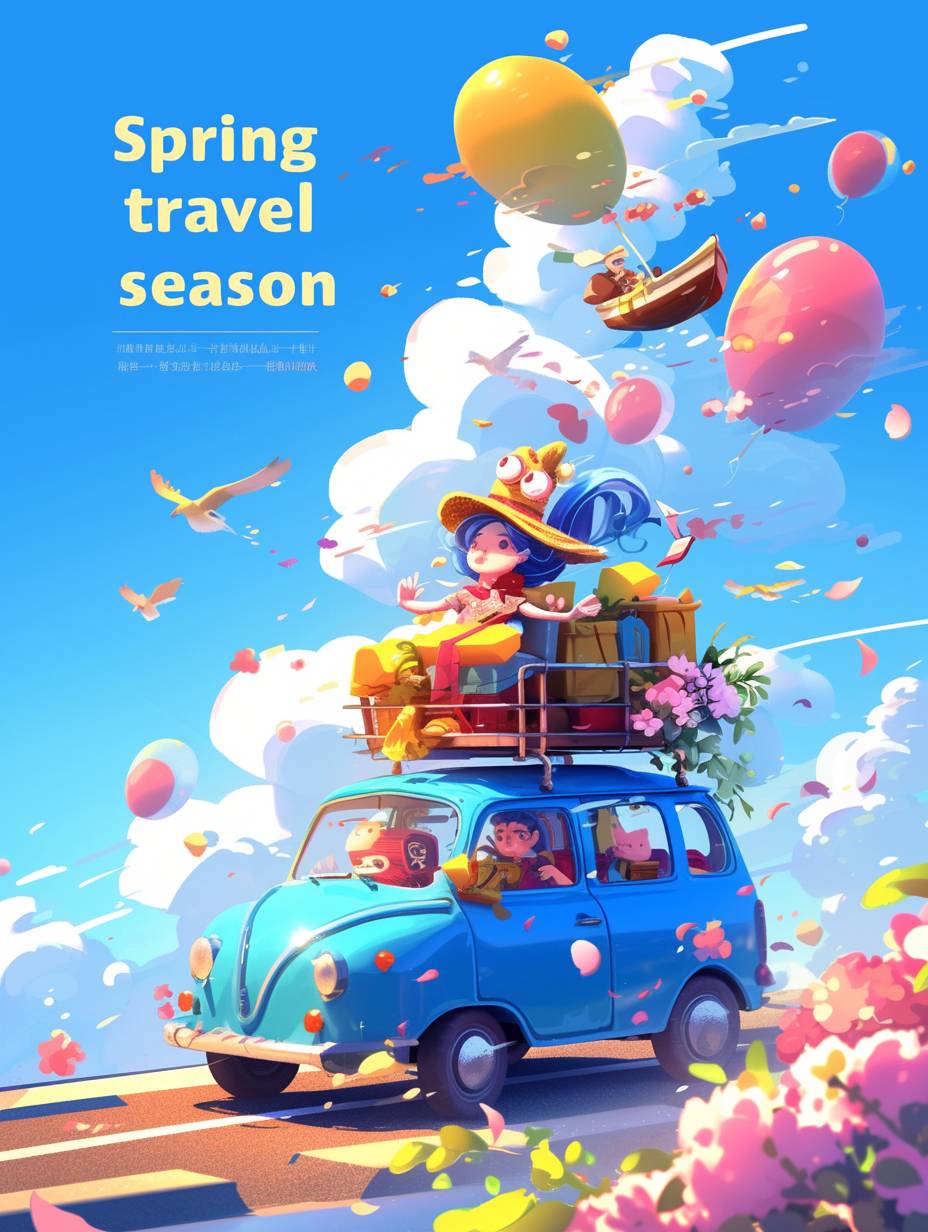 旅行シーズンのポスターの表紙には、青い小さな車が乗っています。タイトルは「春の旅行シーズン」で、青空の背景、Pixarのスタイルでの3Dレンダリング、明るい色彩、高い彩度、全身ポートレート、誇張された動き、Pixarのスタイルで活気のある雰囲気があります。--niji6 --ar 3:4